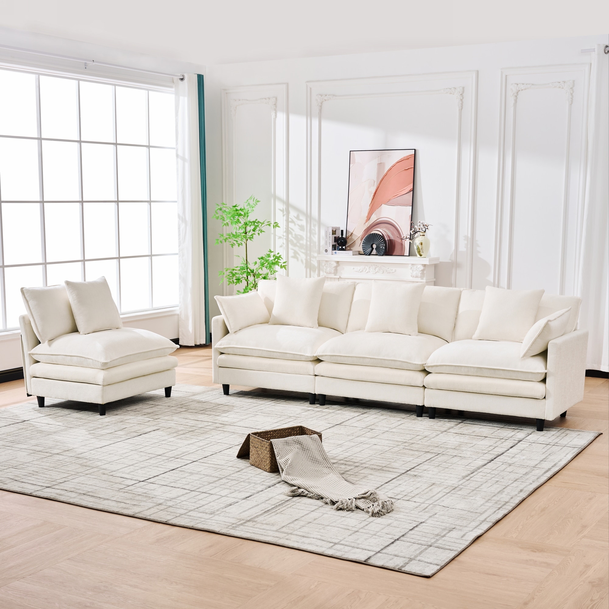 140.9" U-shaped modular sectional sofa,with 2 movable ottomans, 4 cushions and 2 throw pillows