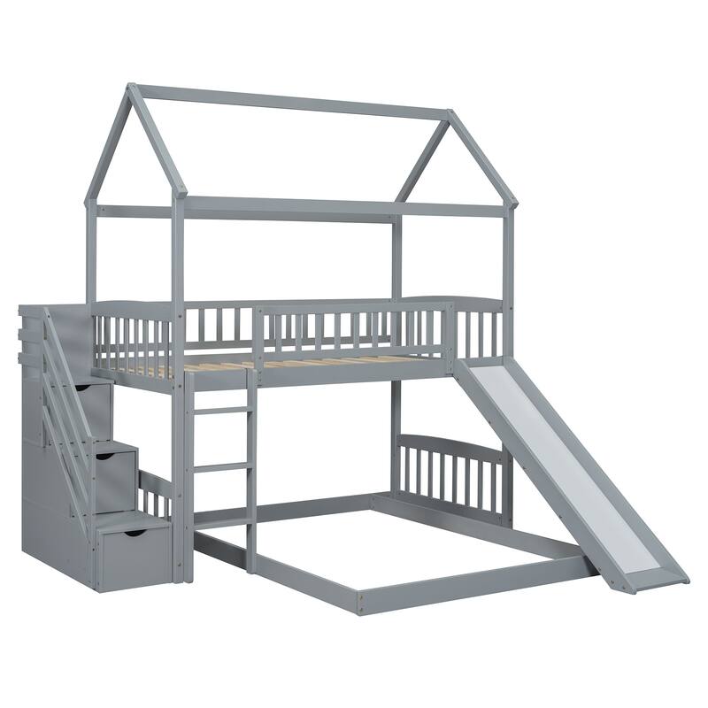 Twin Over Full Bunk Bed with Slide and Storage, Gray