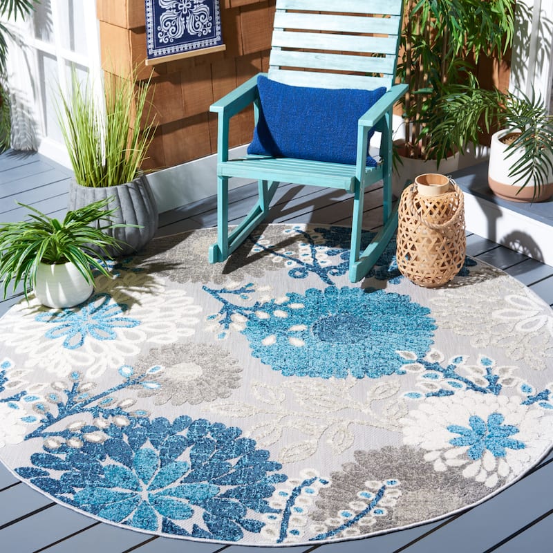 SAFAVIEH Cabana Hillechien Indoor/ Outdoor Waterproof Patio Floral Rug - 6'7" Round - Grey/Blue
