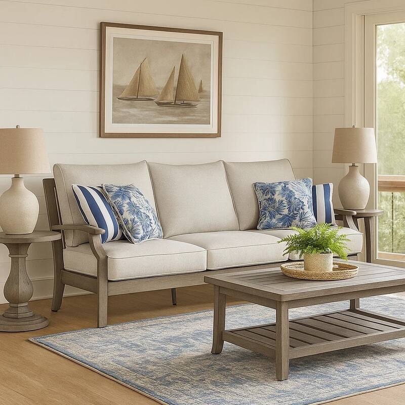 Inaya Outdoor Sofa, 4 Throw Pillows, Cream White, 89 Inch Brown Metal