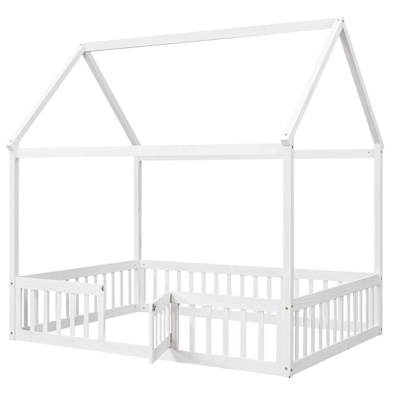 Twin/Full Size Wood House Bed with Fence, Door, and Roof for Children's Bedrooms, Small Space, No Box Spring Needed