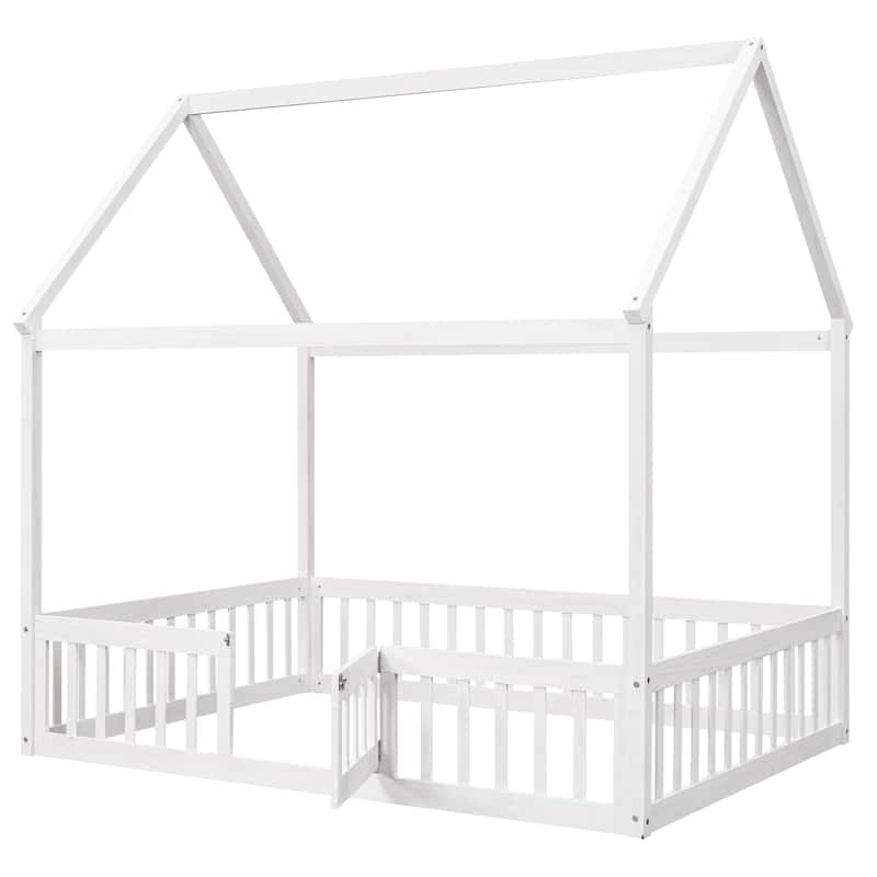 White Pine Wood House Bed with Fence, Door, and Solid Construction