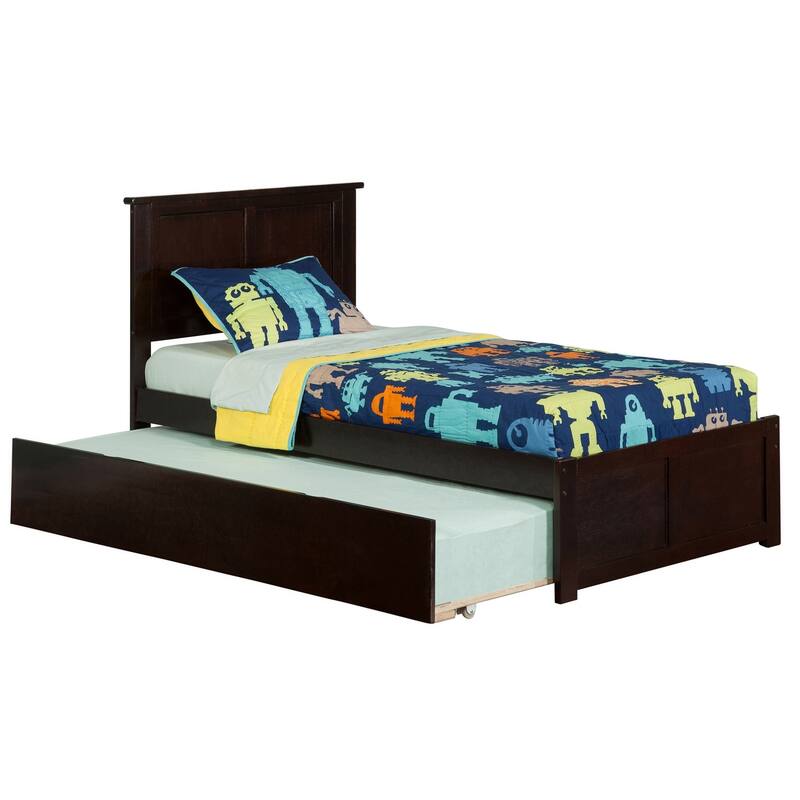Twin Size Platform Bed with Trundle - Espresso Finish, Modern Design, Space Saving Furniture