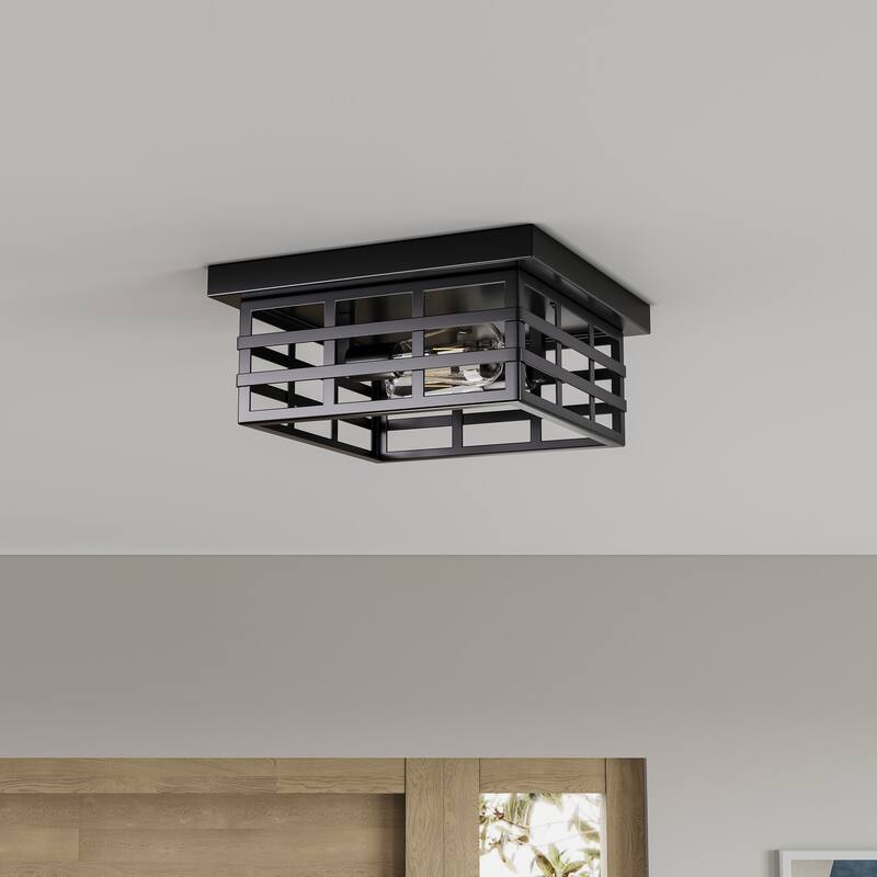 Farmhouse 2-Light Matte Black Square Flush Mount Ceiling Light Fixture
