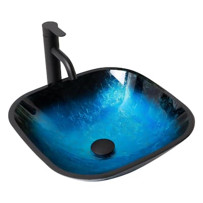 Kichae 16.8 inch Aqua Blue Square Glass Vessel Sink with Black Faucet and Drain