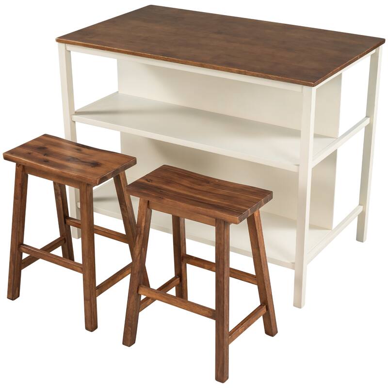 Solid Wood Rustic 3-piece 45" Stationary Kitchen Island Set with 2 Seatings, Rubber Wood Butcher Block Dining Table Set