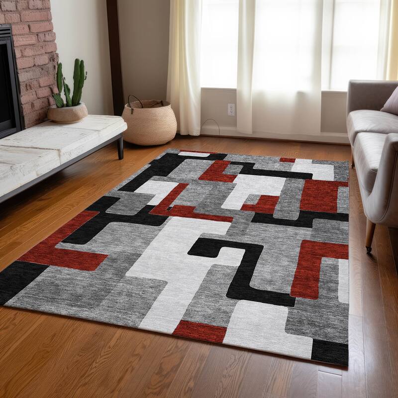Machine Washable Indoor/ Outdoor Contempoary Blocks Chantille Rug