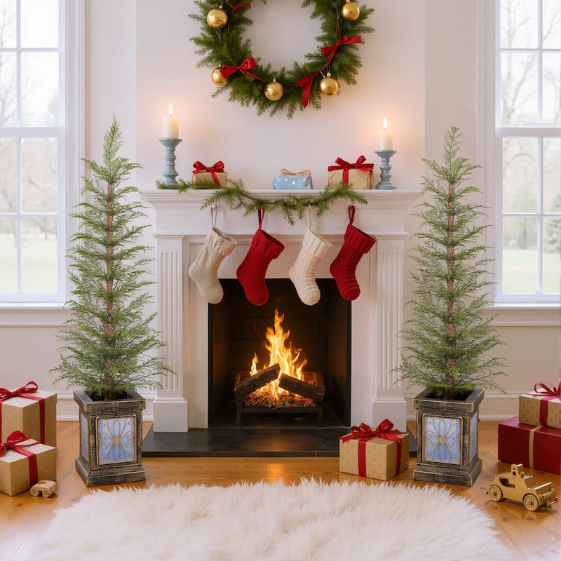Christopher Knight Home - Petite Modern Pre-Lit Artificial Christmas Tree Set with Potted Stand and Realistic PE Needles