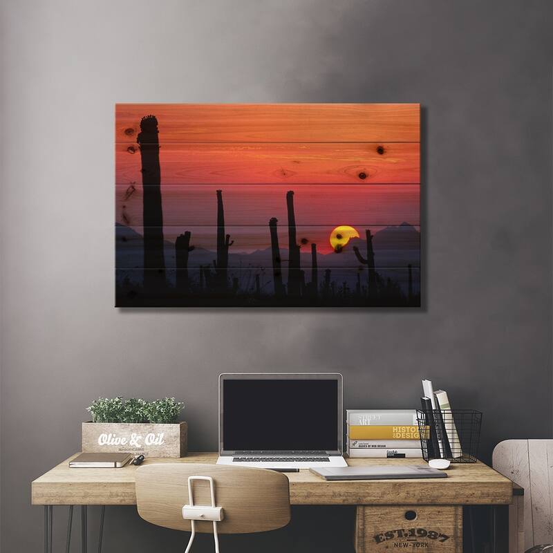 Saguaro Cacti At Sunset II, Saguaro National Park, Sonoran Desert, Arizona, USA Print On Wood by Rolf Nussbaumer - Multi-Color