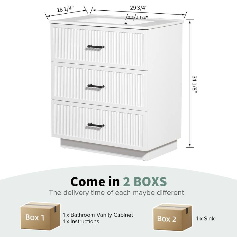 30" Freestanding Bathroom Vanity with Ceramic Sink and 2 Storage Drawers, Stylish Gray Floor Cabinet