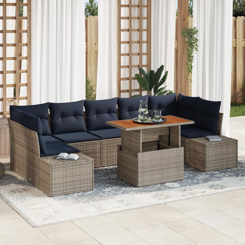 vidaXL 8 Garden Sofa Set with Cushions Black/Grey Poly Rattan - 113.8 x 60.6 x 27.2 - Grey