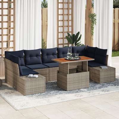vidaXL 8 Garden Sofa Set with Cushions Black/Grey Poly Rattan - 113.8 x 60.6 x 27.2
