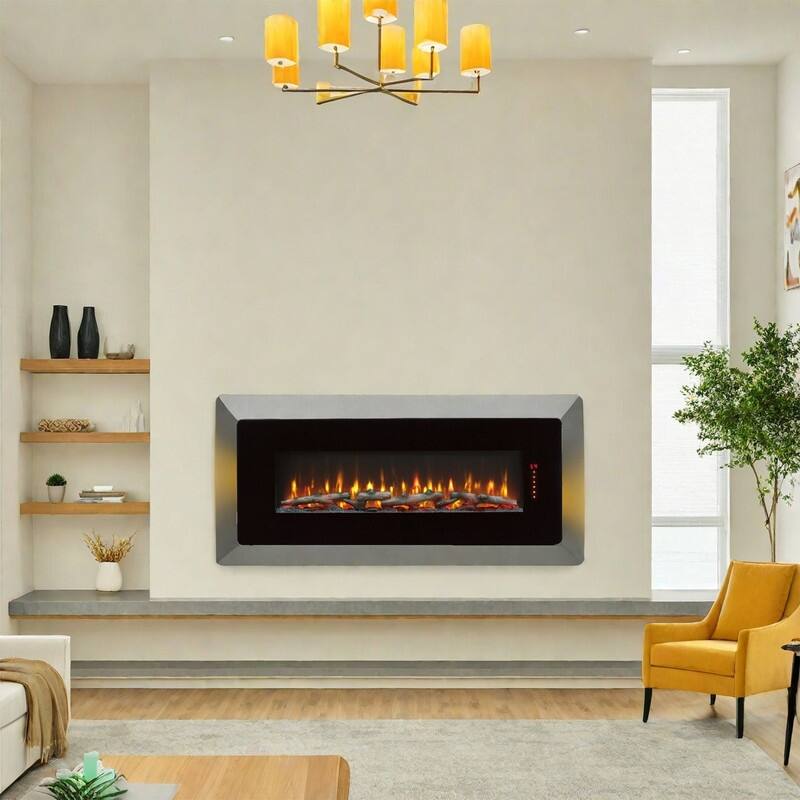 48 in. Wall Mount Curved Front Electric Fireplace with Remote in Black, Multi-Color Flame and Ember Bed,1400W/5000BTU - Black