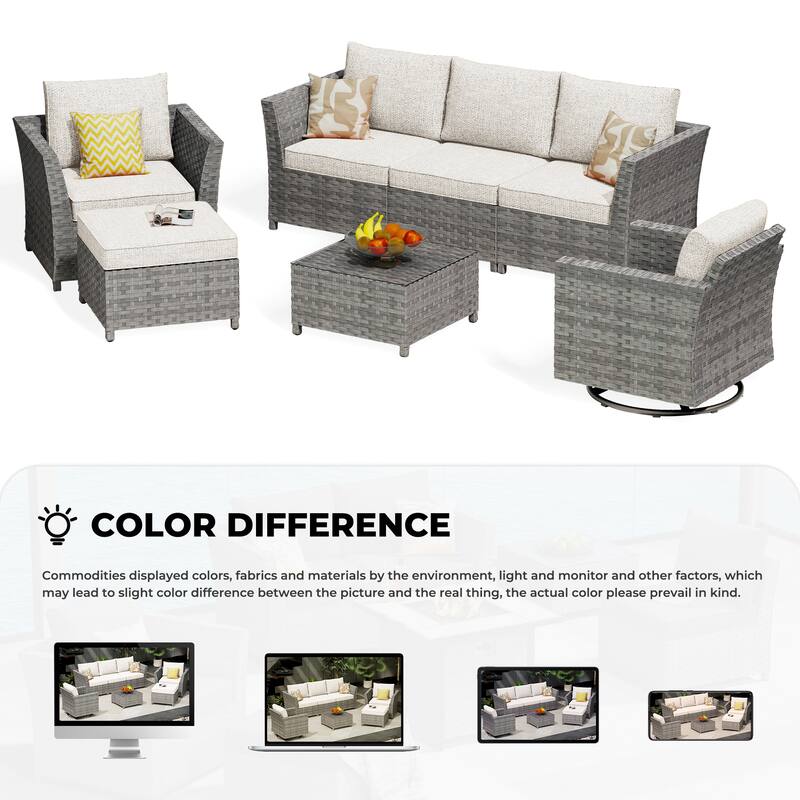 HOOOWOOO 7-piece PE Wicker Outdoor Furniture Sectional Set with Swivel Rocking Chair