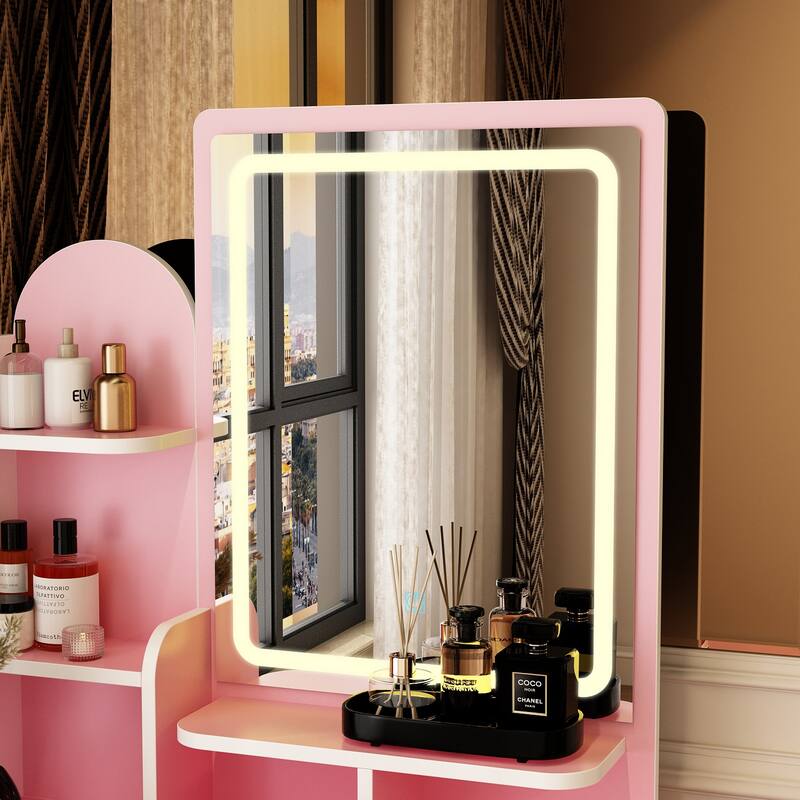 Vanity Desk with LED Lighted Mirror, Makeup Vanity Table with Drawers, Shelves and Stool