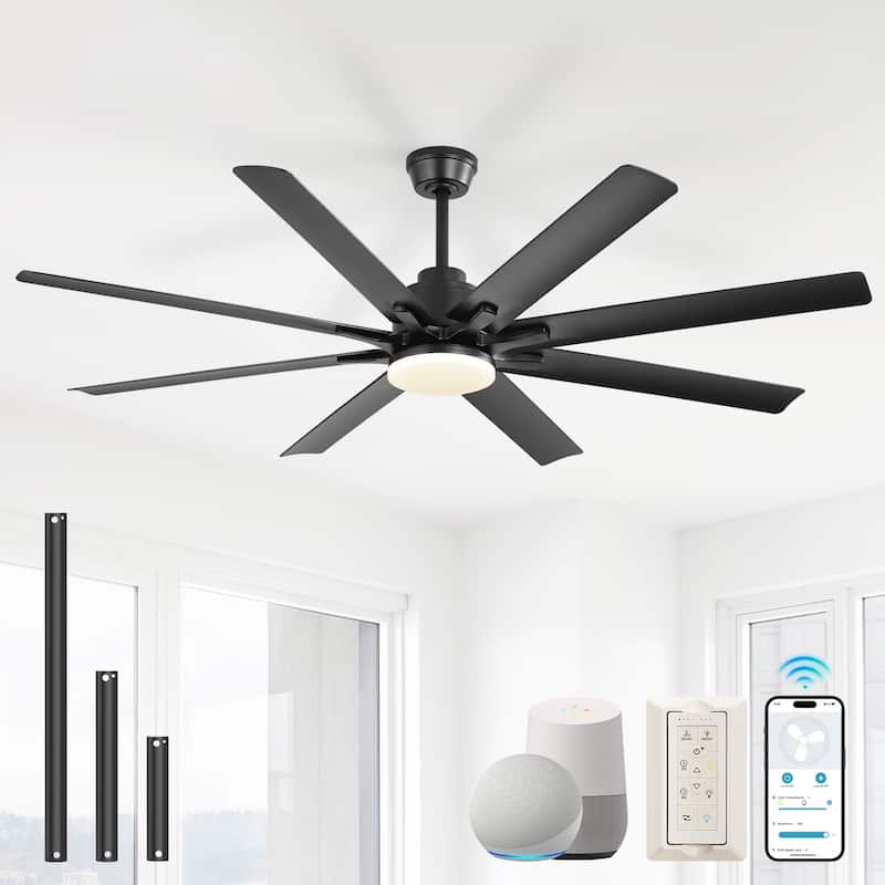 42“/52"/60"/48" Noiseless Walnut Wood Ceiling Fan with Remote Control, Integrated Light Optional - Smart-52"Black and Black ABS Blades/With light