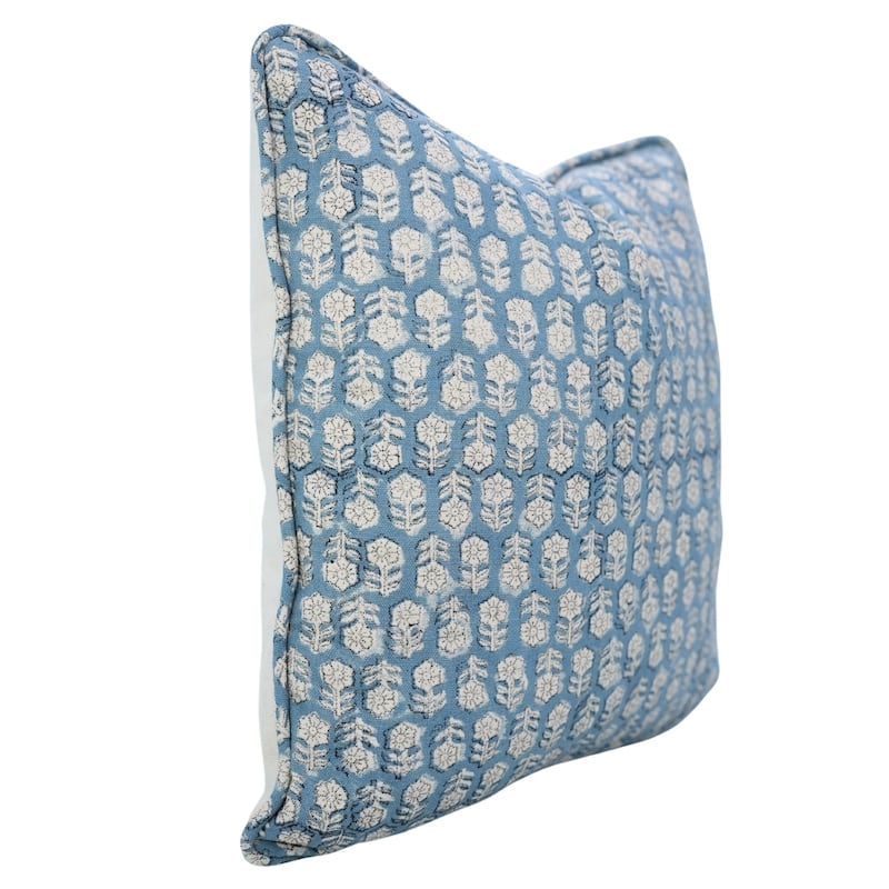 Fabdivine Handmade Floral Block Print Soft Pure Linen Fabric Pipine Pillow Cover Decorative Cushion Case - Pillow Covers - Tulsi Buti- Blue - 24" x 24"