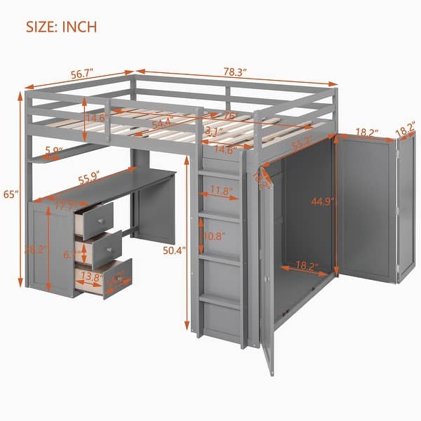 Full Size Wood Loft Bed with Drawers, Desk, Ladder and Wardrobe