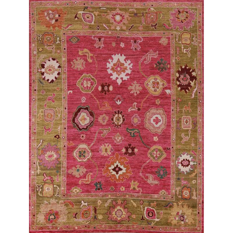 Hand Knotted Oriental 100% Wool Carpet Transitional All-Over Pink Oushak Area Rug - 9' 8'' X 8' 0''
