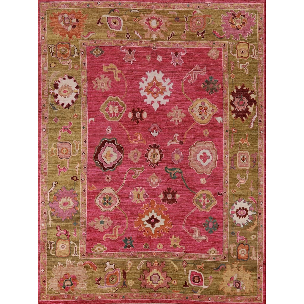 Hand Knotted Oriental 100% Wool Carpet Transitional All-Over Pink Oushak Area Rug - 9' 8'' X 8' 0''