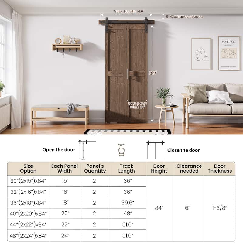 Assembled 30in./32in./36in./40in./44in./48in. x 84 in. Solid Core Pine Wood Bi-Fold Door With Hardware Kit
