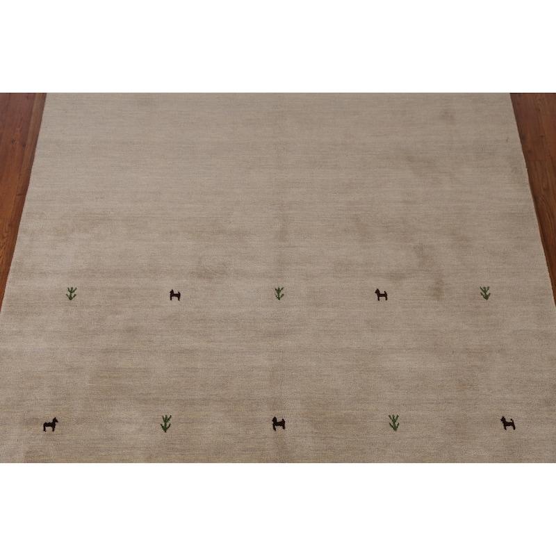 Hand Knotted Oriental 100% Wool Carpet Tribal Animal Pictorial Beige & Ivories Gabbeh Area Rug - 7' 7'' X 5' 4''