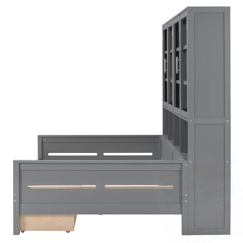 Wooden Daybed with Glass-Door Storage Cabinets Built-in LED Lighting and Shelves