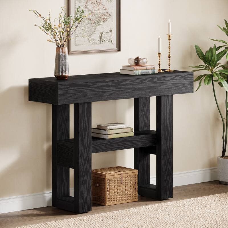 41.34-Inch Farmhouse Console Table, 2-Tier Narrow Sofa Table - 41.34" W x 11.81" D x 31.5" H - Black