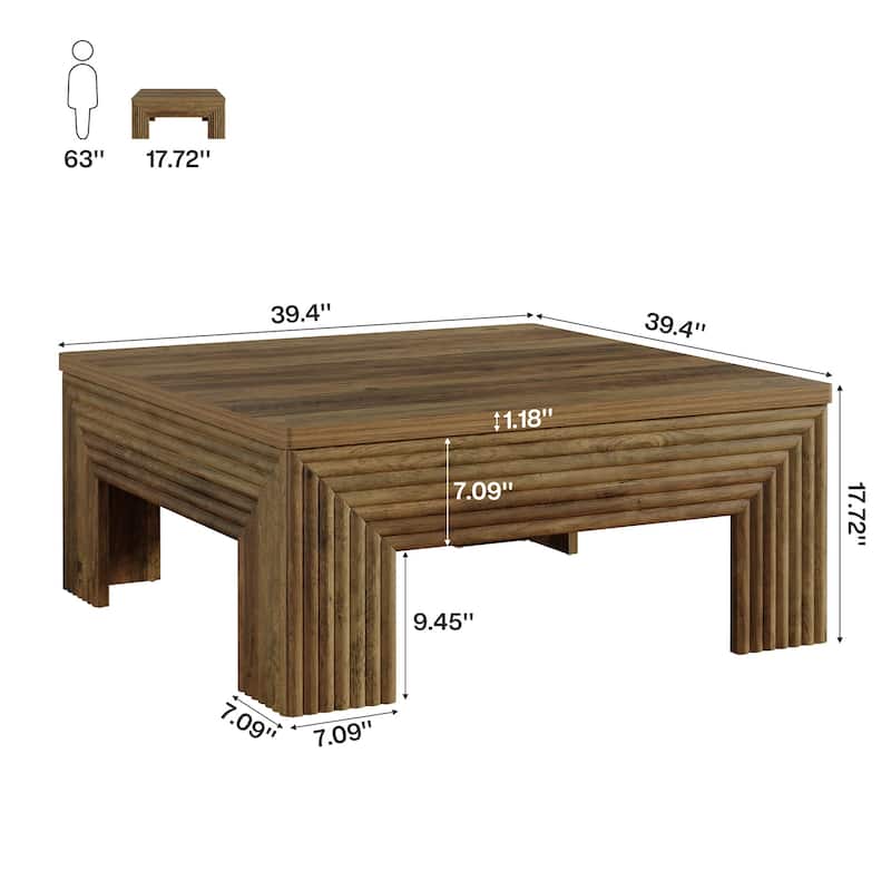 39.4" Square Coffee Table for Living Room, Farmhouse Wood Center Table - 39.4" D x 39.4" W x 17.72" H