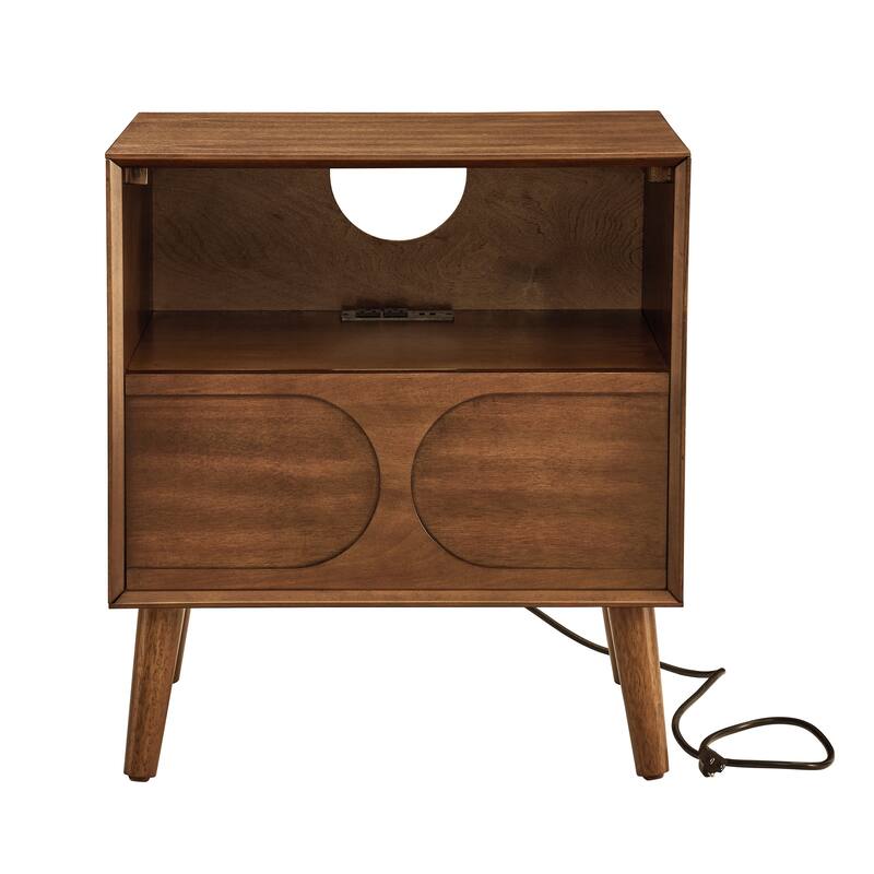Mid Century Modern Fluted Nightstand with Charging Station USB Ports & Outlet Hole & 4 Solid Wood Legs