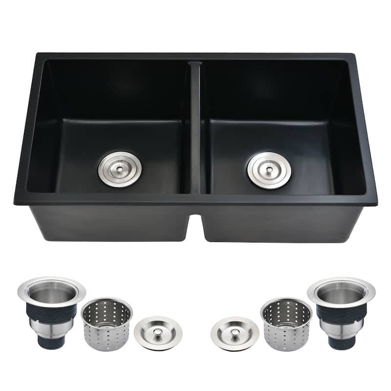 DORNBERG 33" L X 18" W Double Bowl Drop-In Kitchen Sink With Basket Strainer - Matte Black