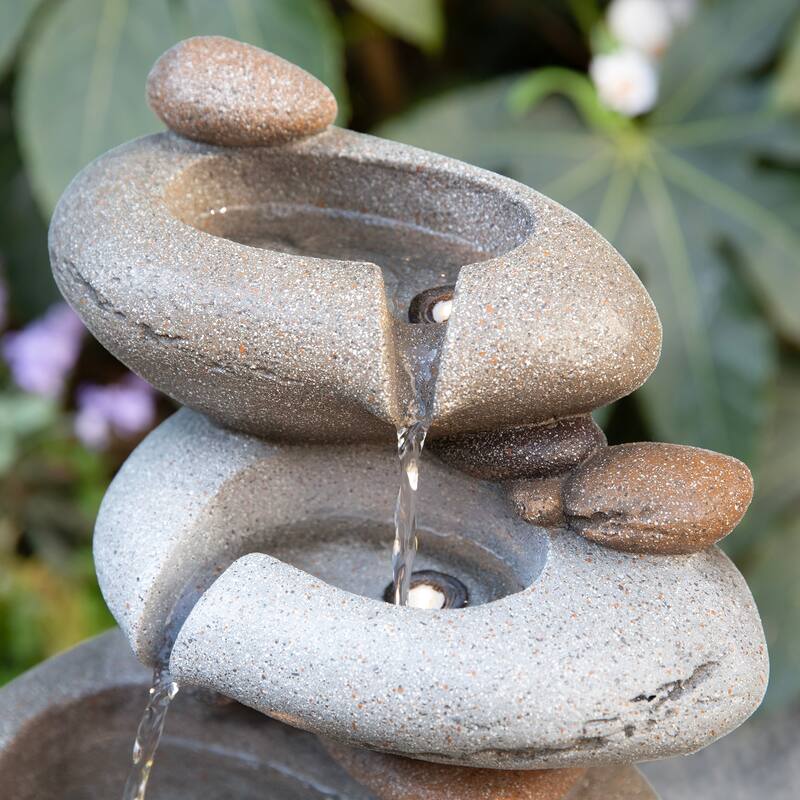 Glitzhome 24.5"H 5-Tiered Zen Style Stacked Pebbles Polyresin Outdoor Fountain with Pump and LED Light