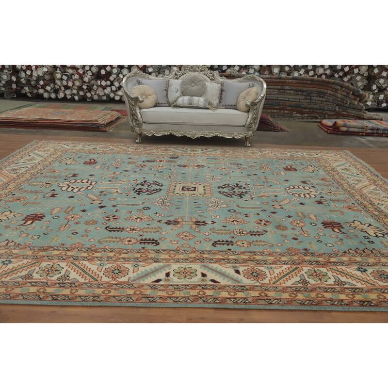Hand-knotted Transitional Wool Carpet Blue Oushak Rug Floral Oriental Area Rug - 14' 10'' X 11' 10''