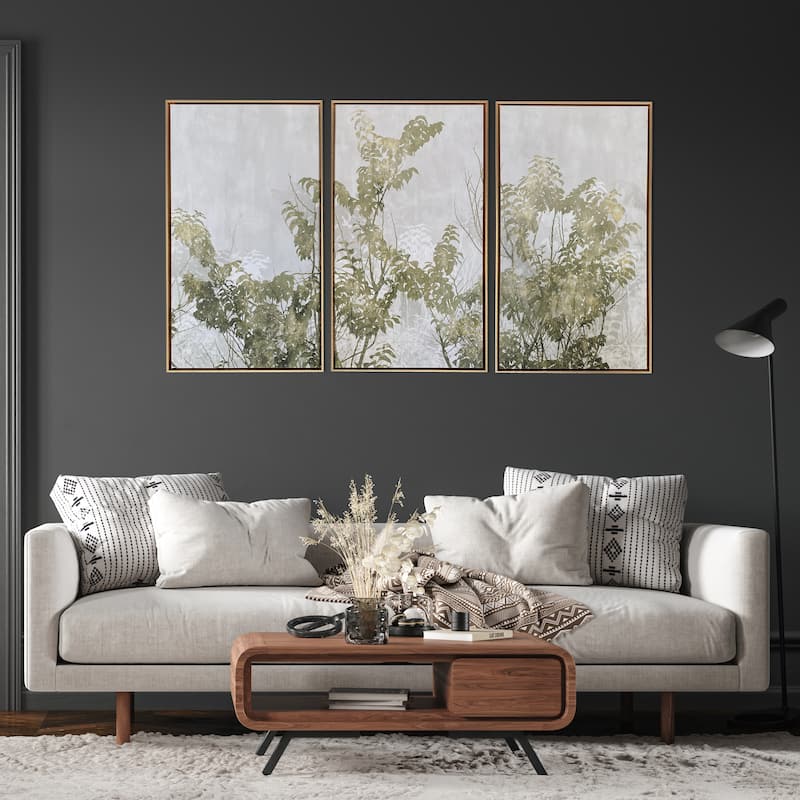 "Greige Botanicals" 3 Piece Set Print on Gold Floating Framed Canvas Wall Art