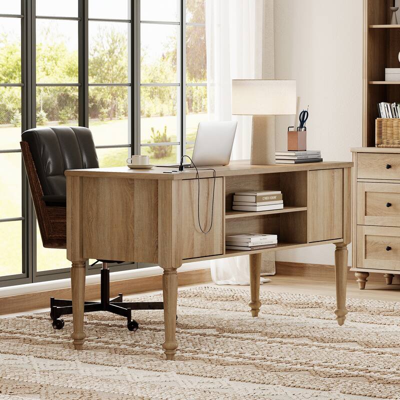 56'' Farmhouse Executive Desk with Drawers White/Oak - 5 Drawers and 2 Doors