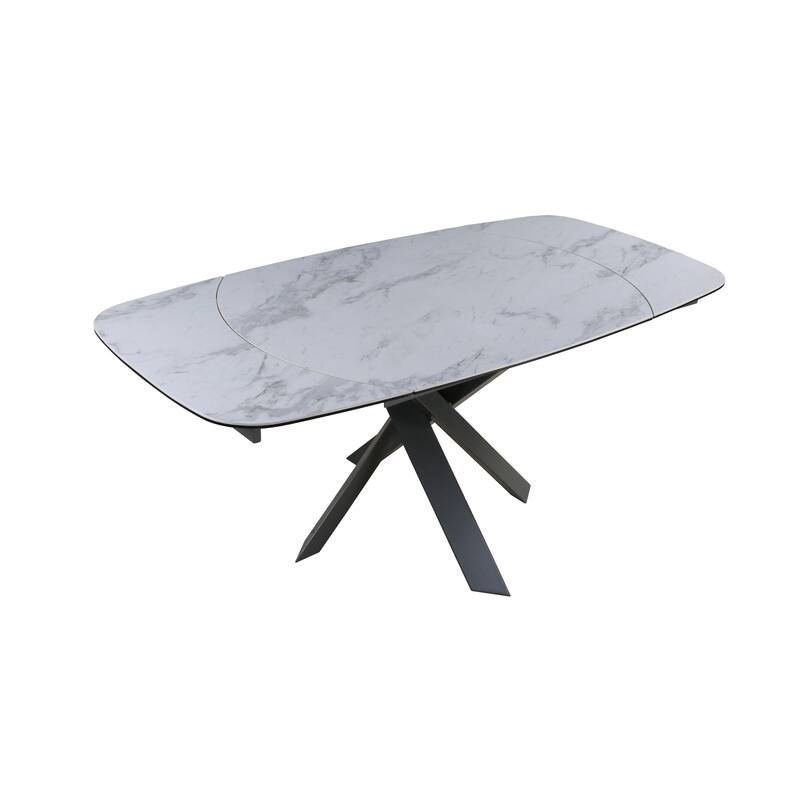 HomeRoots 47" Gray and White Ceramic and Metal Self-Storing Leaf Cross Leg Base Oval Extendable Dining Table