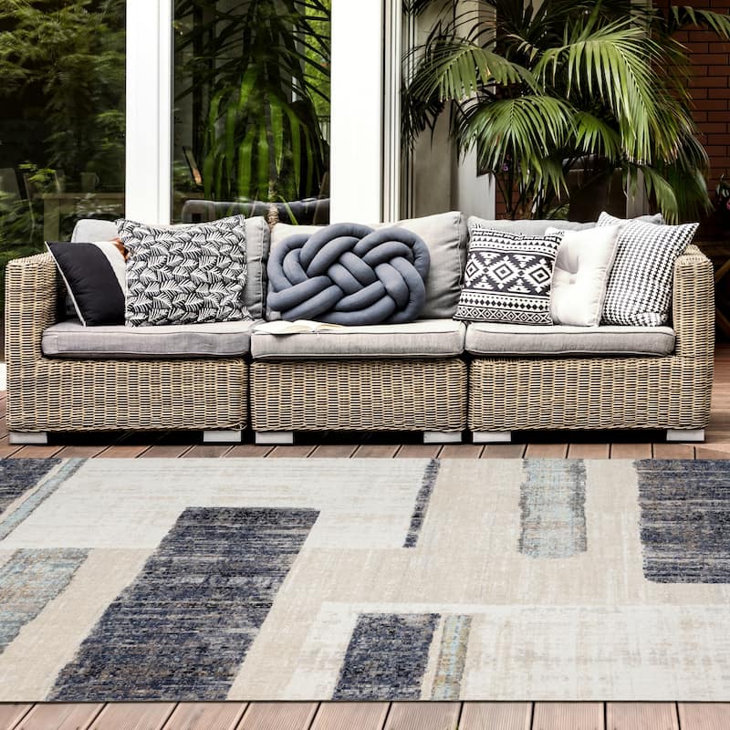 N Natori 24-Seven Outdoor/Indoor Modern Geometric Area Rug - Beige/Blue - 8'7" X 11'6"