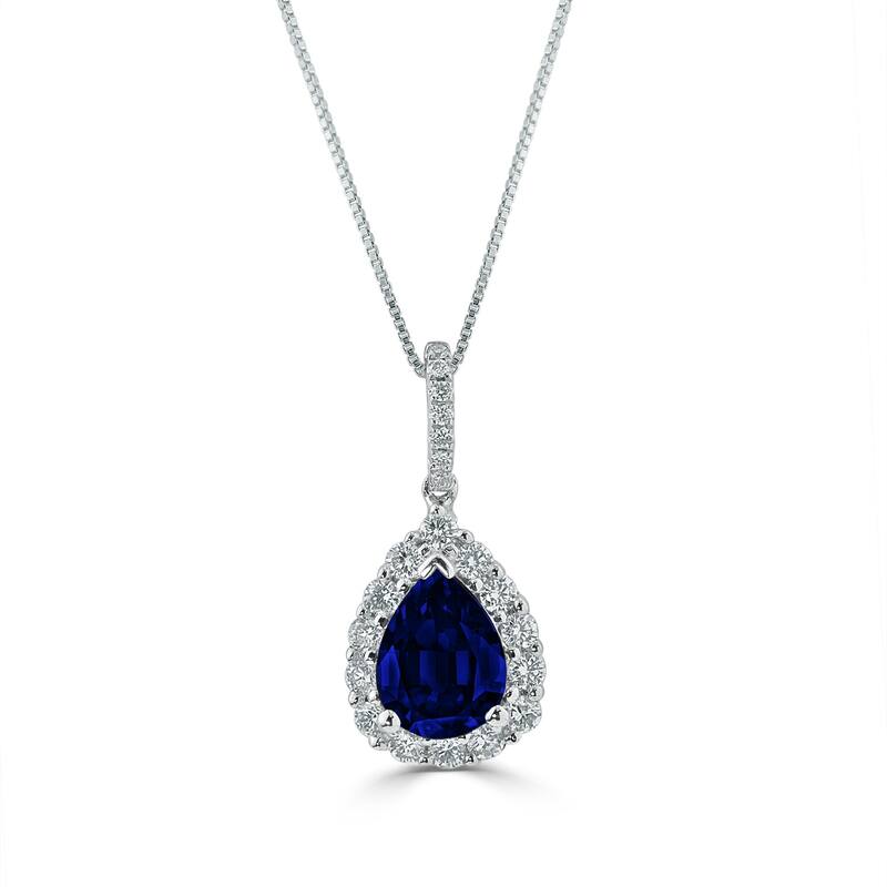 Auriya 18k White Gold 1 1/3 ct. Pear-Shaped Blue Sapphire and Diamond Halo Necklace - Blue - 16.5 Inch - Sapphire - White
