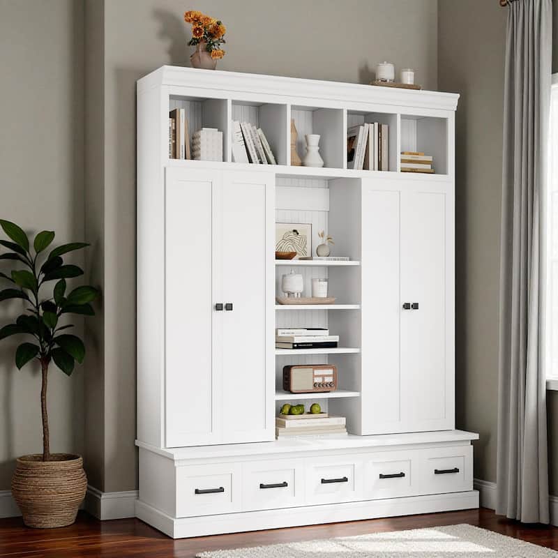 78.7'' H Hall Tree with Bench, 5 Cubbies, 4 Doors & 5 Drawers, Adjustable Shelves Entryway Storage Cabinet
