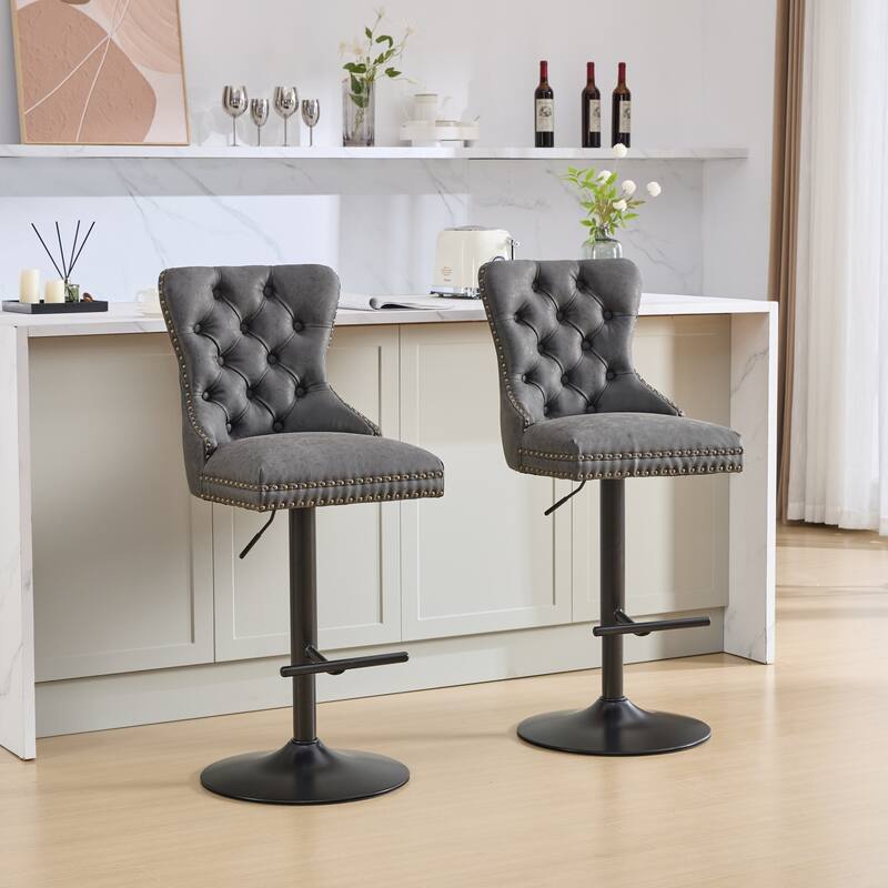 Aged and Retro PU Swivel Barstools Adjusatble Seat Height from 25-33 Inch,Bar Stools with Backs Comfortable Tufted(Set of 2) - Black