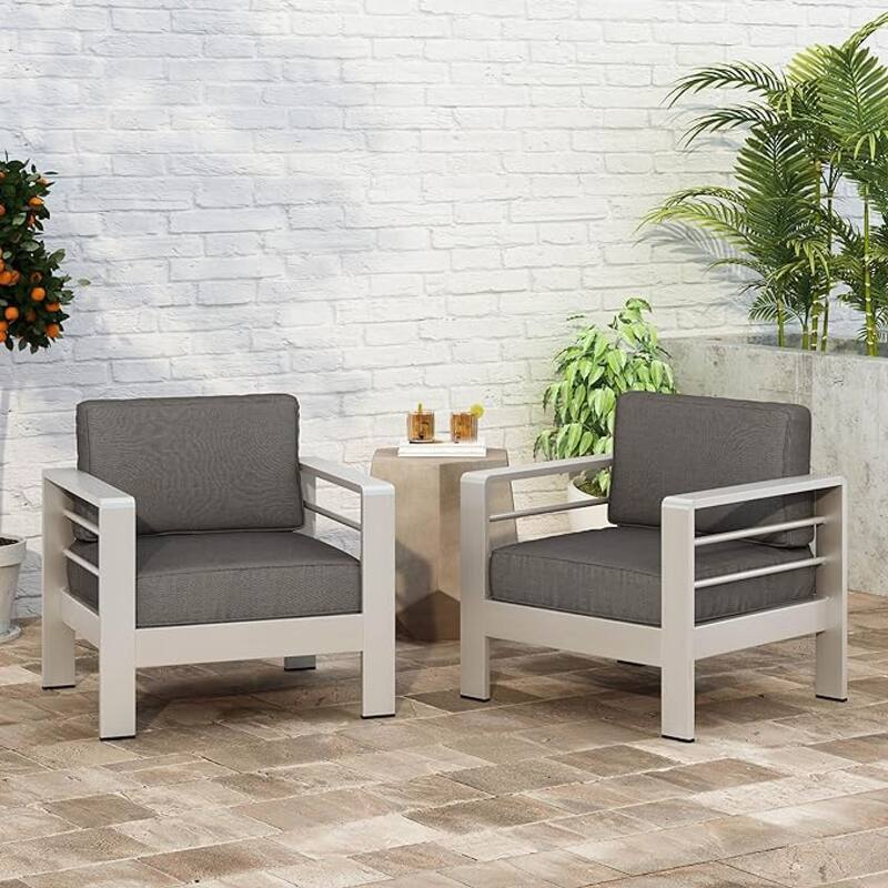 Roomfitters Cape Coral Outdoor Aluminum Club Chairs with High Density Foam Cushions, Silver and Grey