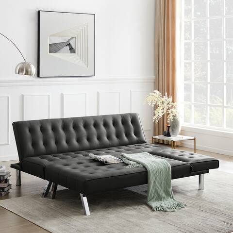 Large L-Shape Reversible Armless PU Leather Sleeper Sofa Bed, Black