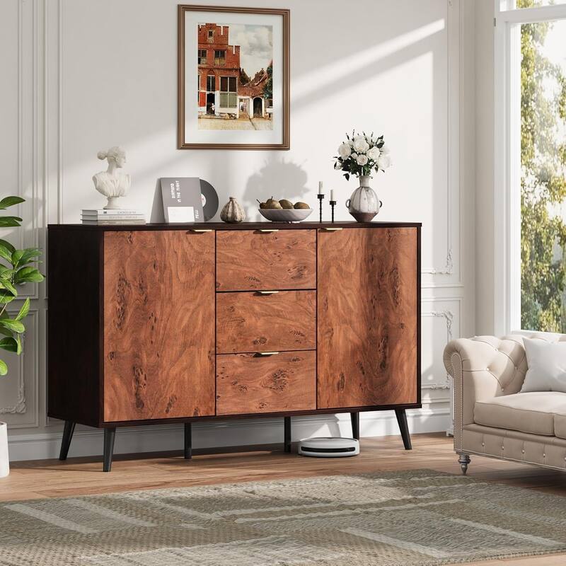 Sideboard Buffet Cabinet with 3 Drawers, Wooden Storage Cabinet with Burl Texture, Coffee Bar for Dining Room