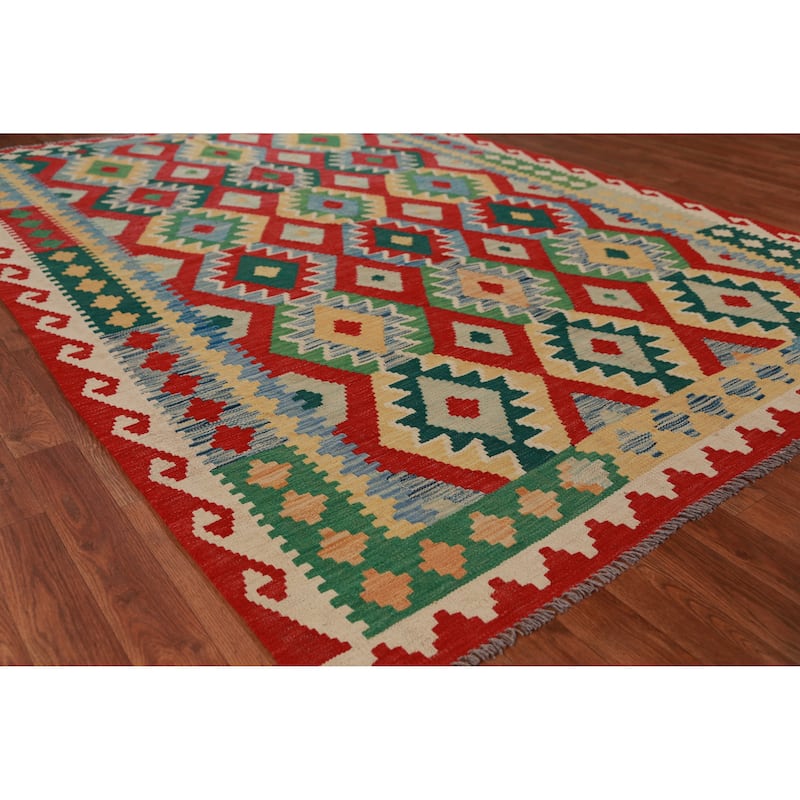 Hand Woven Oriental 100% Wool Carpet Southwestern Geometric Multi-Colored Kilim Area Rug - 8' 0'' X 5' 10''