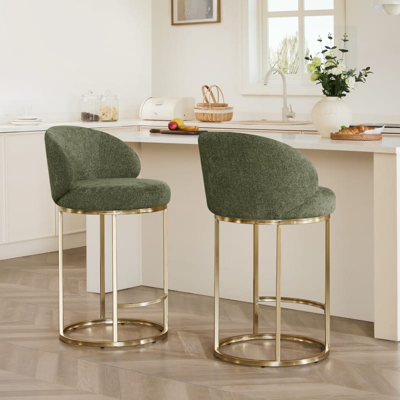 Spruce & Spring Chloe Upholstered Swivel Counter Bar Stool with Metal Frame and Arched Back - Set of 4 - Moss Green-Bronze Frame
