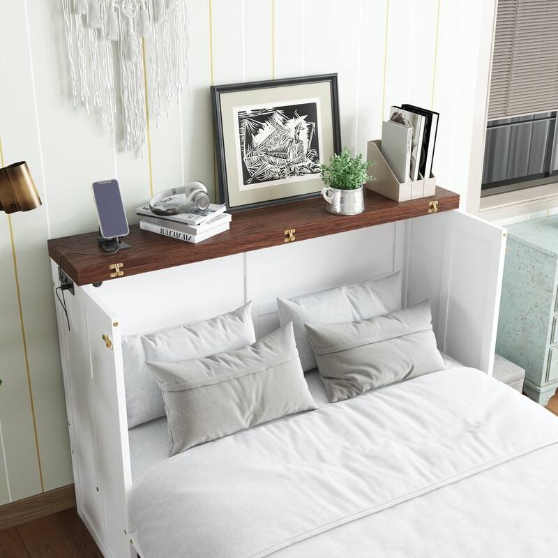 Murphy Bed Cabinet with Storage Drawer and Charging Station, USB Port