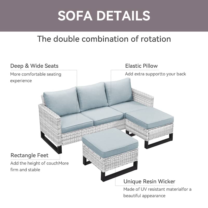 Pocassy Outdoor 3-Seat Sofa Ottomans Set of 3