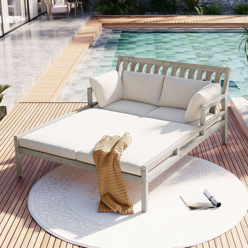 Outdoor Daybed with Four Pillows, Wooden Outdoor Bed with Curved Armrests for Poolside