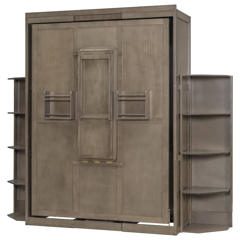 Rotating Murphy Bed Wall Bed Queen Size with Convertible Desk Side Shelves