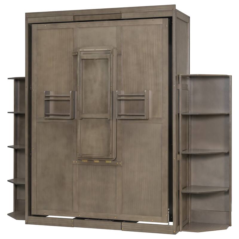 Rotating Queen Size Murphy Bed Foldable Bed Frame with Hidden Wall Cabinet, Side Shelves, Convertible Desk and Bookshelves